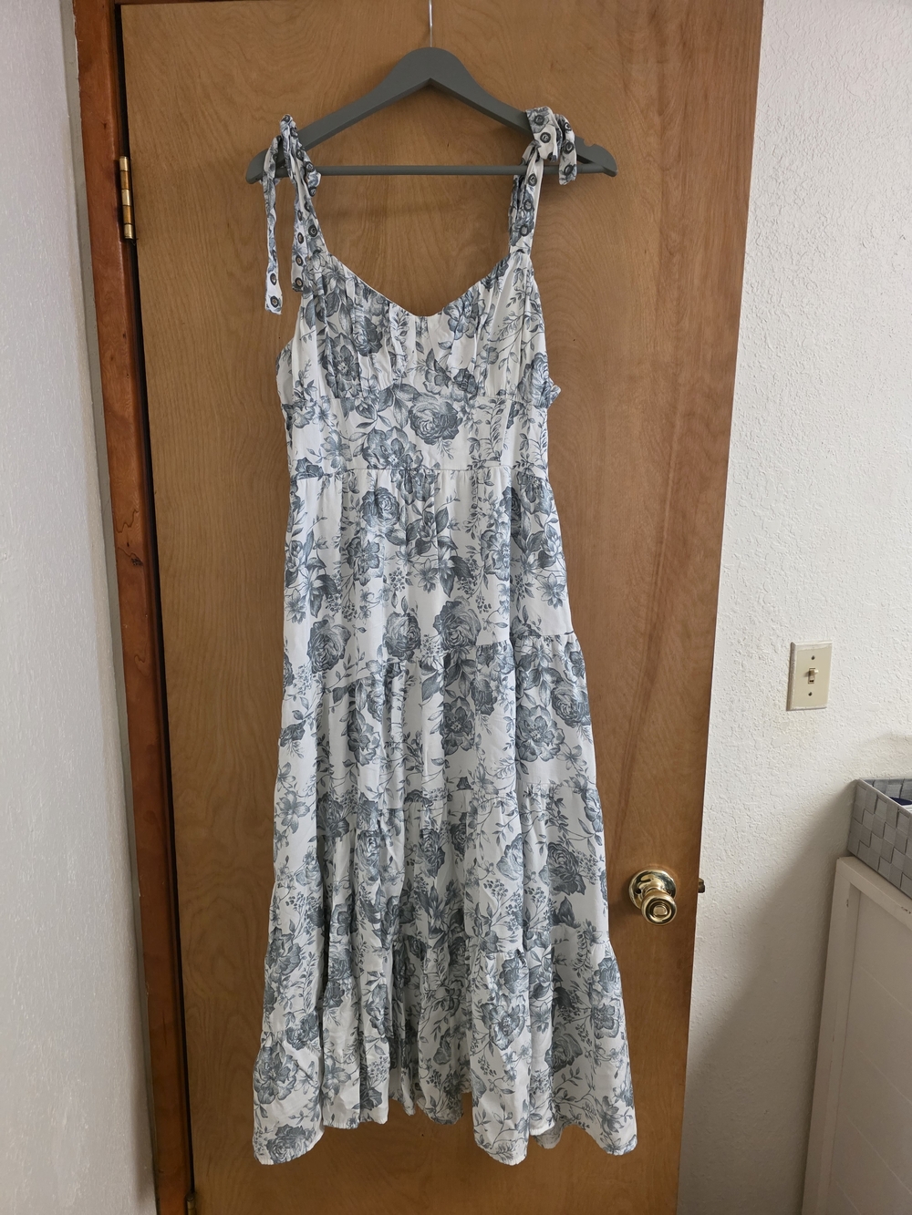 Trixxi White Dress with Blue Floral Print and Tie Straps